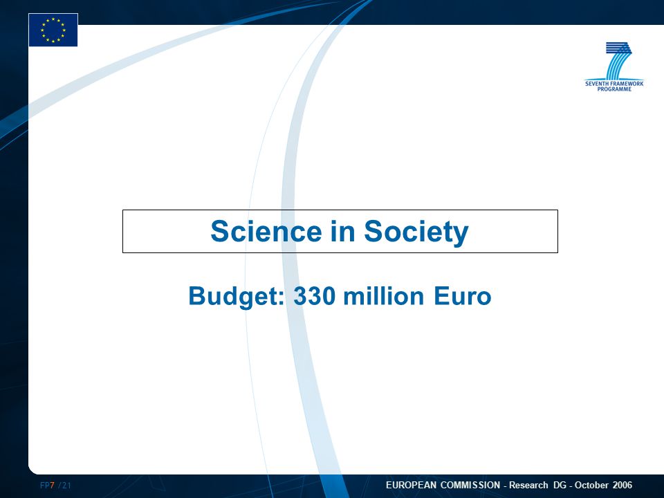 FP7 /21 EUROPEAN COMMISSION - Research DG - October 2006 Science in Society Budget: 330 million Euro