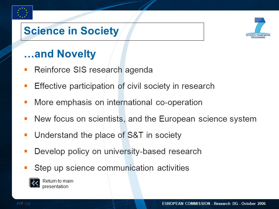 FP7 /24 EUROPEAN COMMISSION - Research DG - October 2006 …and Novelty  Reinforce SIS research agenda  Effective participation of civil society in research  More emphasis on international co-operation  New focus on scientists, and the European science system  Understand the place of S&T in society  Develop policy on university-based research  Step up science communication activities Return to main presentation Science in Society