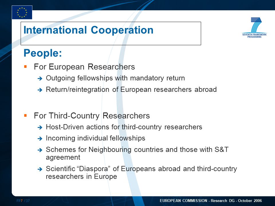 FP7 /37 EUROPEAN COMMISSION - Research DG - October 2006 People:  For European Researchers  Outgoing fellowships with mandatory return  Return/reintegration of European researchers abroad  For Third-Country Researchers  Host-Driven actions for third-country researchers  Incoming individual fellowships  Schemes for Neighbouring countries and those with S&T agreement  Scientific Diaspora of Europeans abroad and third-country researchers in Europe International Cooperation