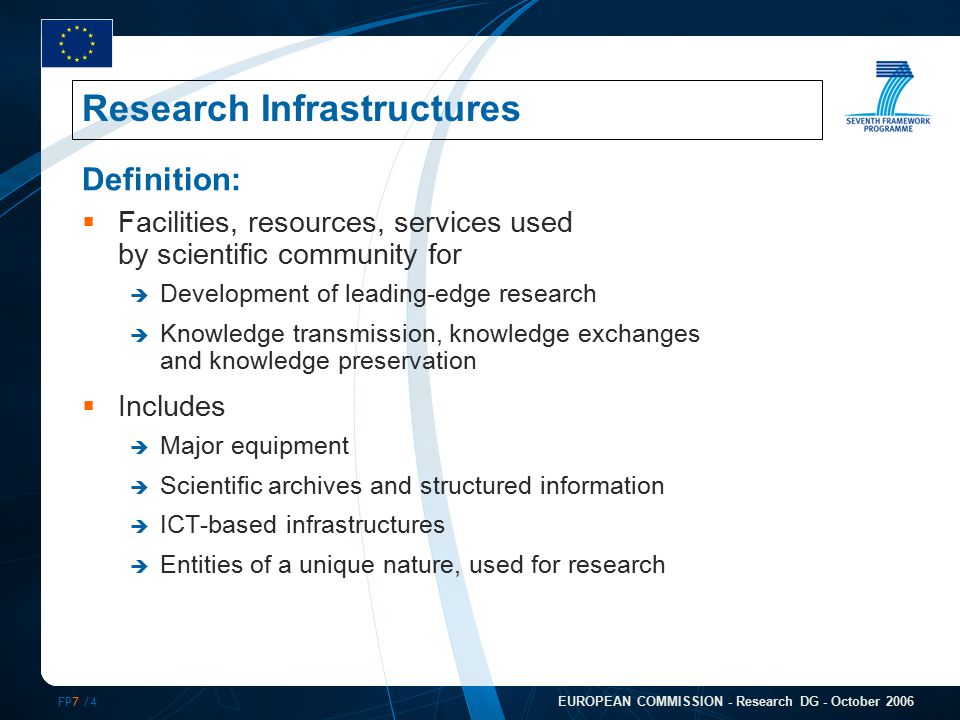 FP7 /4 EUROPEAN COMMISSION - Research DG - October 2006  Facilities, resources, services used by scientific community for  Development of leading-edge research  Knowledge transmission, knowledge exchanges and knowledge preservation  Includes  Major equipment  Scientific archives and structured information  ICT-based infrastructures  Entities of a unique nature, used for research Research Infrastructures Definition: