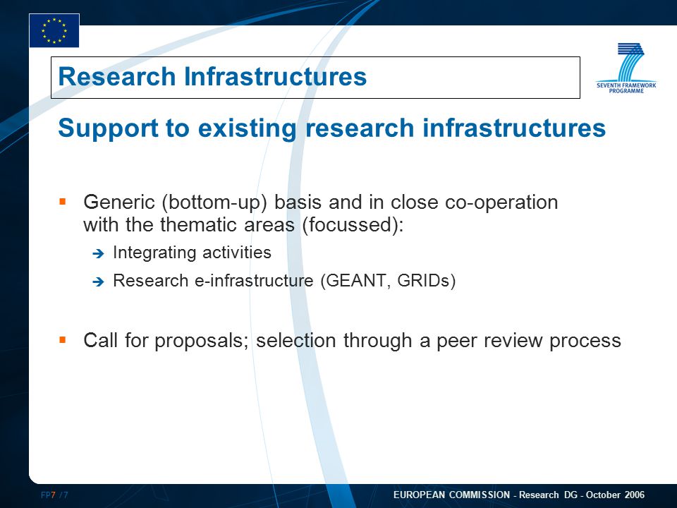FP7 /7 EUROPEAN COMMISSION - Research DG - October 2006 Support to existing research infrastructures  Generic (bottom-up) basis and in close co-operation with the thematic areas (focussed):  Integrating activities  Research e-infrastructure (GEANT, GRIDs)  Call for proposals; selection through a peer review process Research Infrastructures
