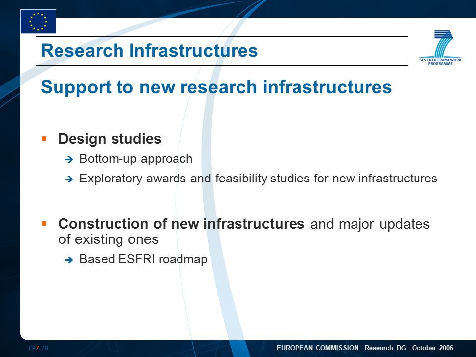 FP7 /8 EUROPEAN COMMISSION - Research DG - October 2006 Support to new research infrastructures  Design studies  Bottom-up approach  Exploratory awards and feasibility studies for new infrastructures  Construction of new infrastructures and major updates of existing ones  Based ESFRI roadmap Research Infrastructures
