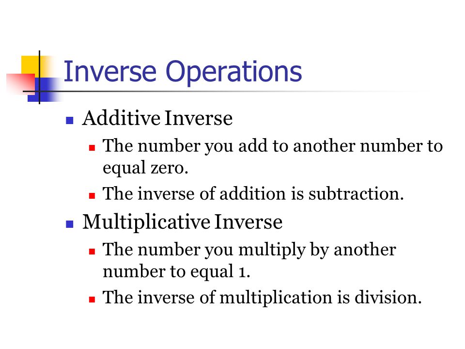 Inverse Operations Additive Inverse The number you add to another number to equal zero.