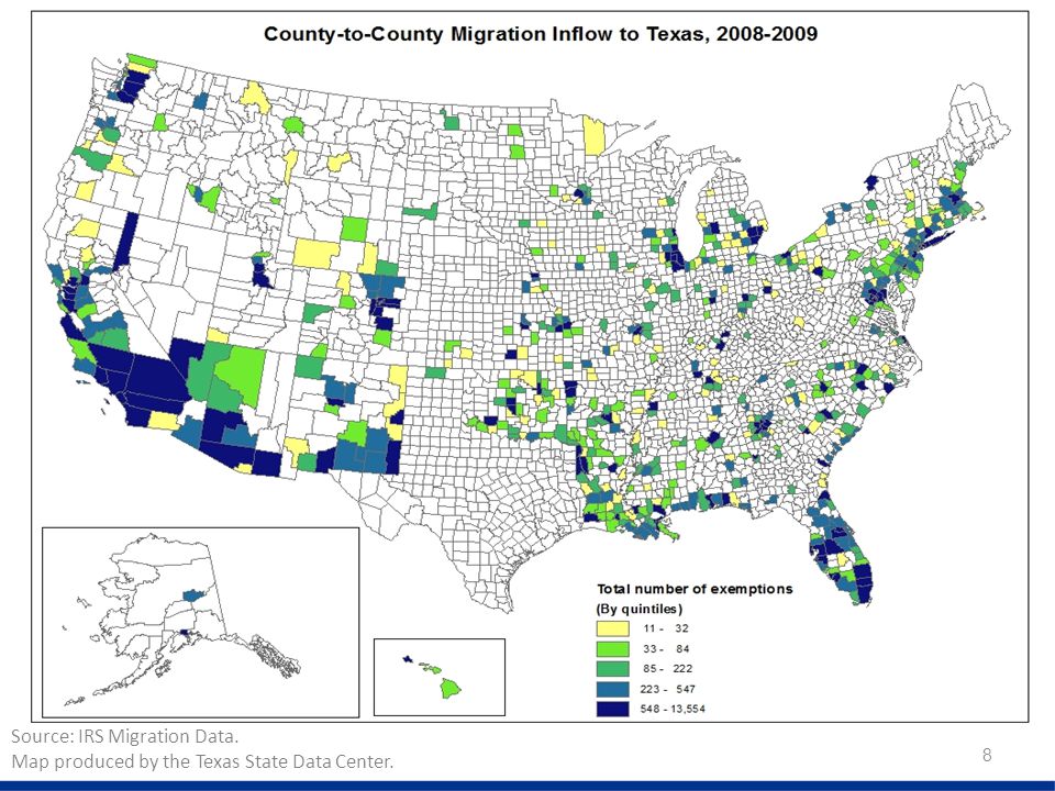 8 Source: IRS Migration Data. Map produced by the Texas State Data Center.