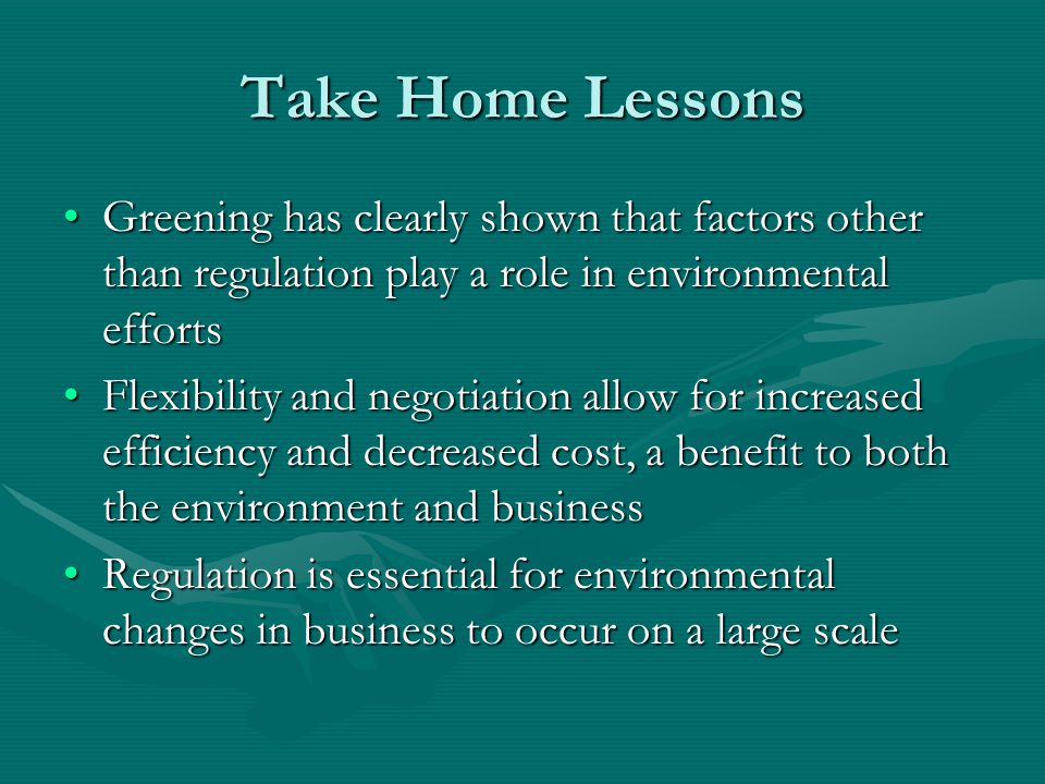 Take Home Lessons Greening has clearly shown that factors other than regulation play a role in environmental effortsGreening has clearly shown that factors other than regulation play a role in environmental efforts Flexibility and negotiation allow for increased efficiency and decreased cost, a benefit to both the environment and businessFlexibility and negotiation allow for increased efficiency and decreased cost, a benefit to both the environment and business Regulation is essential for environmental changes in business to occur on a large scaleRegulation is essential for environmental changes in business to occur on a large scale