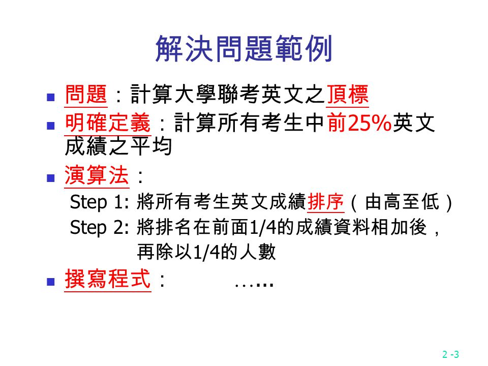 2 1 Chapter 2 Introduction To Algorithms 2 2 何謂演算法algorithm 解決問題的方法 將抽象的解法變成實際具體可行的方法或程式 利用電腦解決問題的步驟step 1 明確定義問題 將其模式化