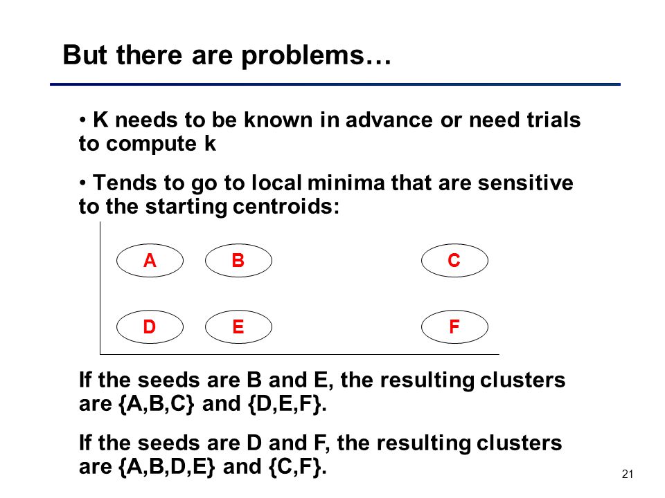 21 But there are problems… K needs to be known in advance or need trials to compute k Tends to go to local minima that are sensitive to the starting centroids: D AB EF C If the seeds are B and E, the resulting clusters are {A,B,C} and {D,E,F}.