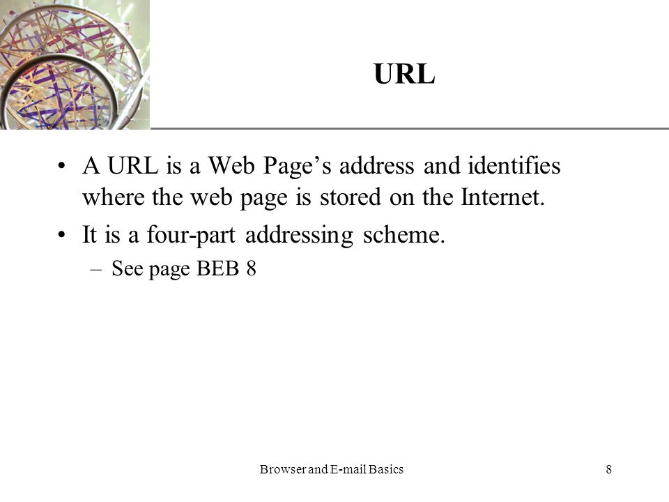 XP Browser and  Basics8 URL A URL is a Web Page’s address and identifies where the web page is stored on the Internet.