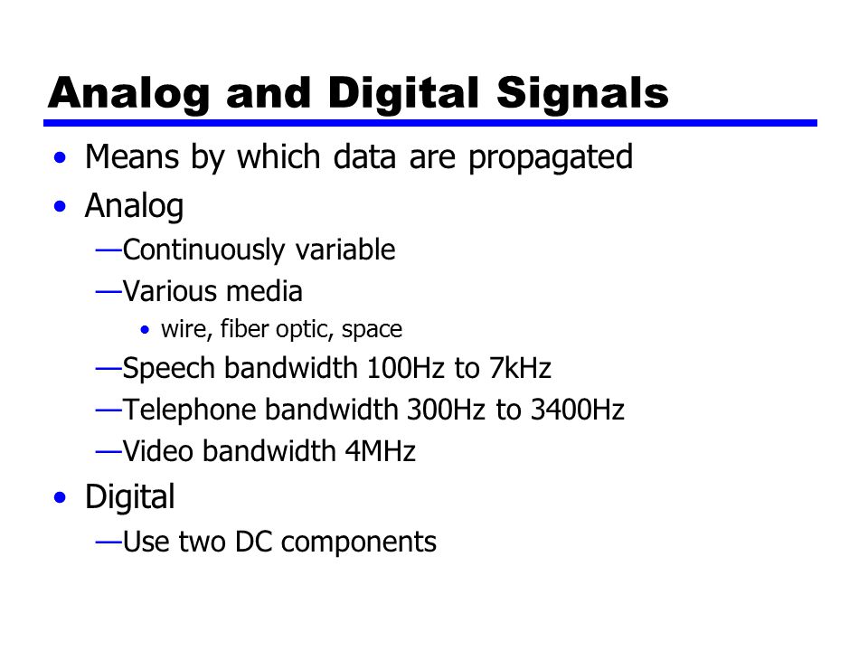 Analog and Digital Signals Means by which data are propagated Analog —Continuously variable —Various media wire, fiber optic, space —Speech bandwidth 100Hz to 7kHz —Telephone bandwidth 300Hz to 3400Hz —Video bandwidth 4MHz Digital —Use two DC components