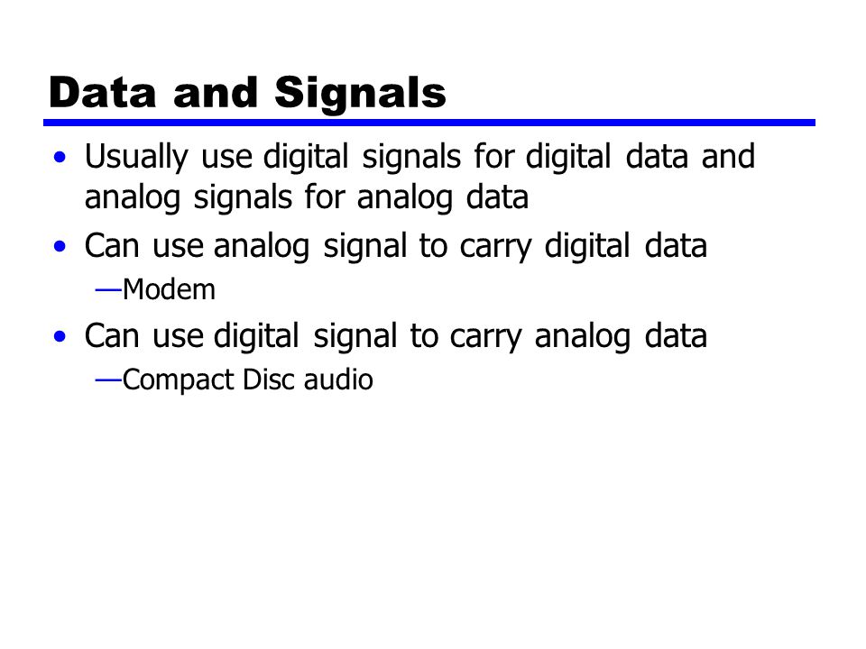 Data and Signals Usually use digital signals for digital data and analog signals for analog data Can use analog signal to carry digital data —Modem Can use digital signal to carry analog data —Compact Disc audio
