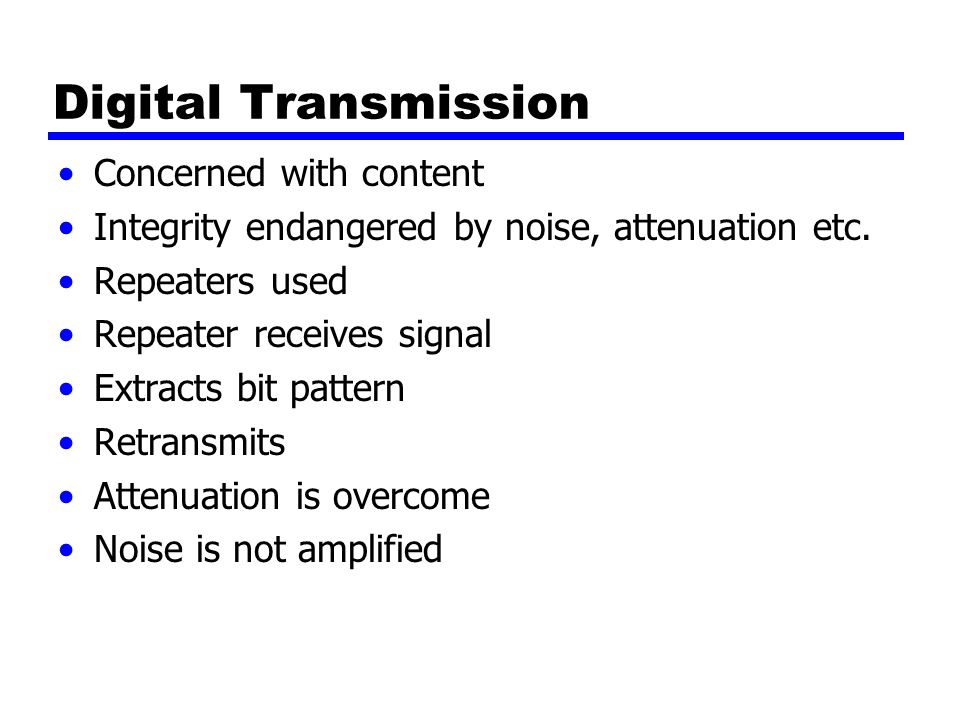 Digital Transmission Concerned with content Integrity endangered by noise, attenuation etc.