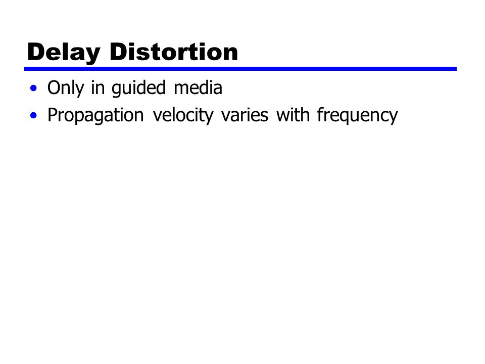 Delay Distortion Only in guided media Propagation velocity varies with frequency