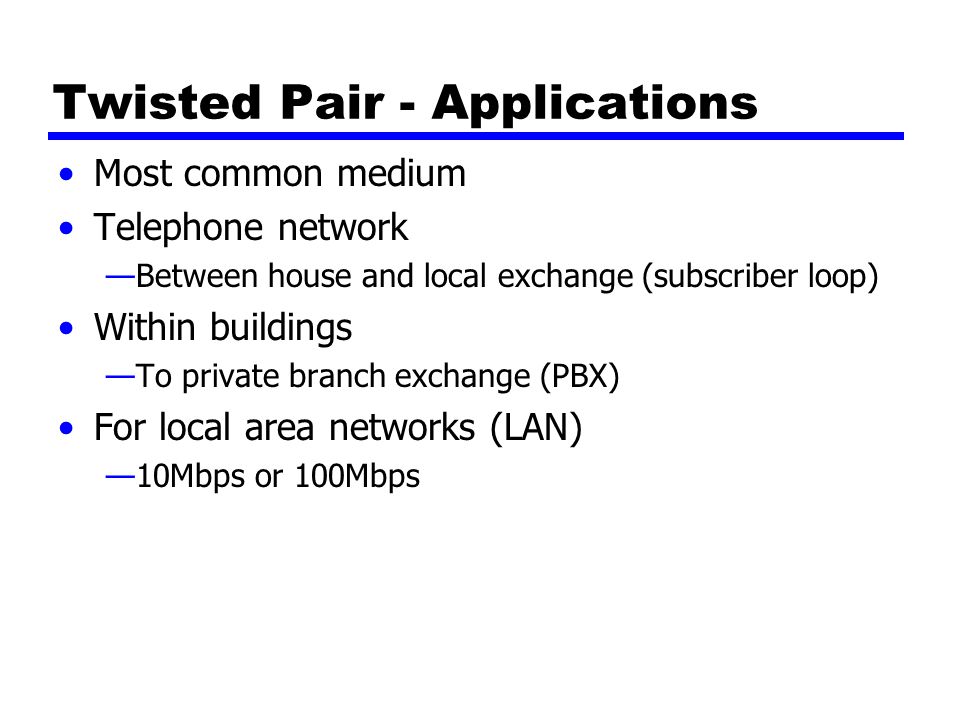 Twisted Pair - Applications Most common medium Telephone network —Between house and local exchange (subscriber loop) Within buildings —To private branch exchange (PBX) For local area networks (LAN) —10Mbps or 100Mbps