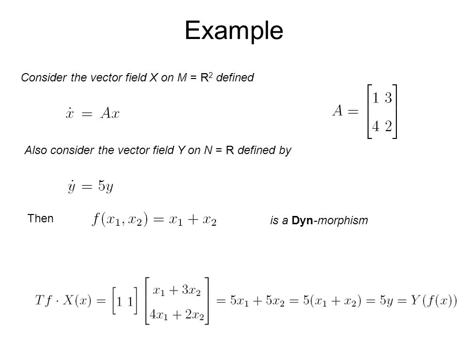 Example R Consider the vector field X on M = R 2 defined R Also consider the vector field Y on N = R defined by is a Dyn-morphism Then