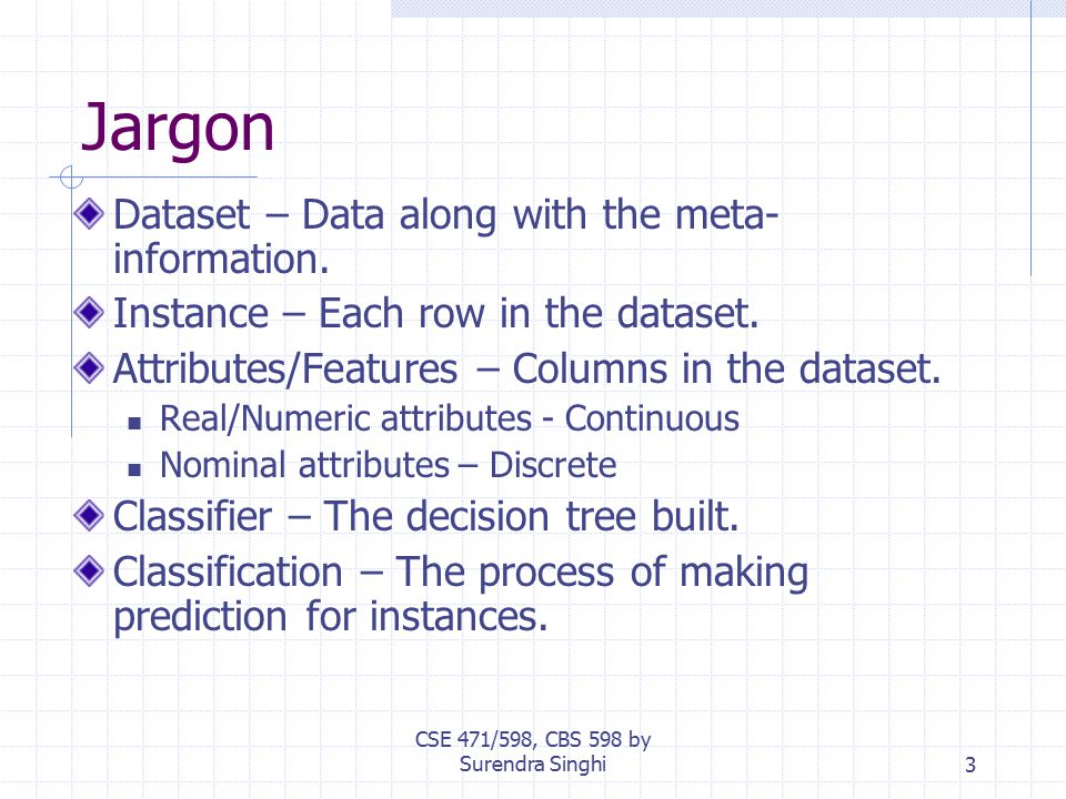 CSE 471/598, CBS 598 by Surendra Singhi3 Jargon Dataset – Data along with the meta- information.