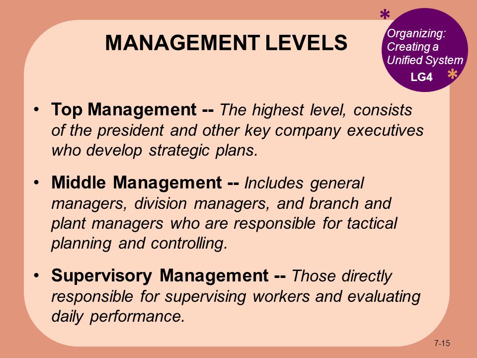 * * Organizing: Creating a Unified System Top Management -- The highest level, consists of the president and other key company executives who develop strategic plans.