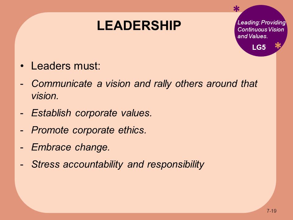 * * Leading: Providing Continuous Vision and Values.