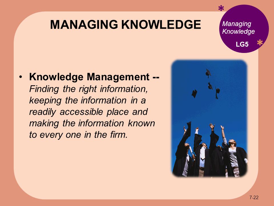 * * Managing Knowledge Knowledge Management -- Finding the right information, keeping the information in a readily accessible place and making the information known to every one in the firm.