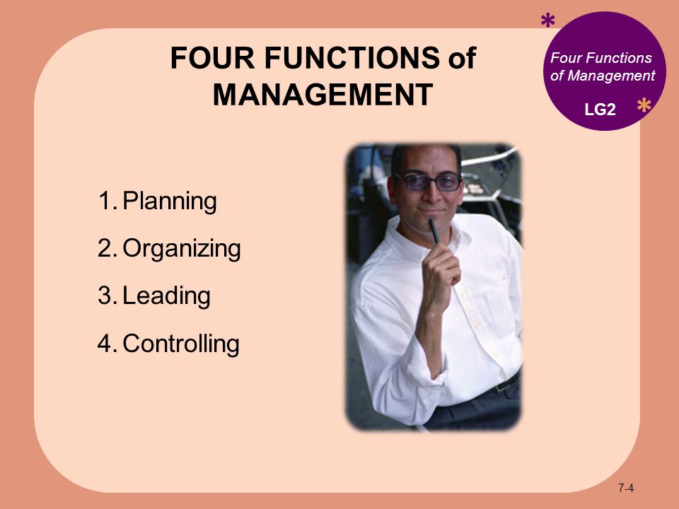 * * Four Functions of Management 1. Planning 2. Organizing 3.