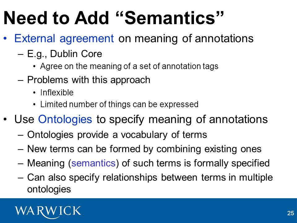 25 Need to Add Semantics External agreement on meaning of annotations –E.g., Dublin Core Agree on the meaning of a set of annotation tags –Problems with this approach Inflexible Limited number of things can be expressed Use Ontologies to specify meaning of annotations –Ontologies provide a vocabulary of terms –New terms can be formed by combining existing ones –Meaning (semantics) of such terms is formally specified –Can also specify relationships between terms in multiple ontologies