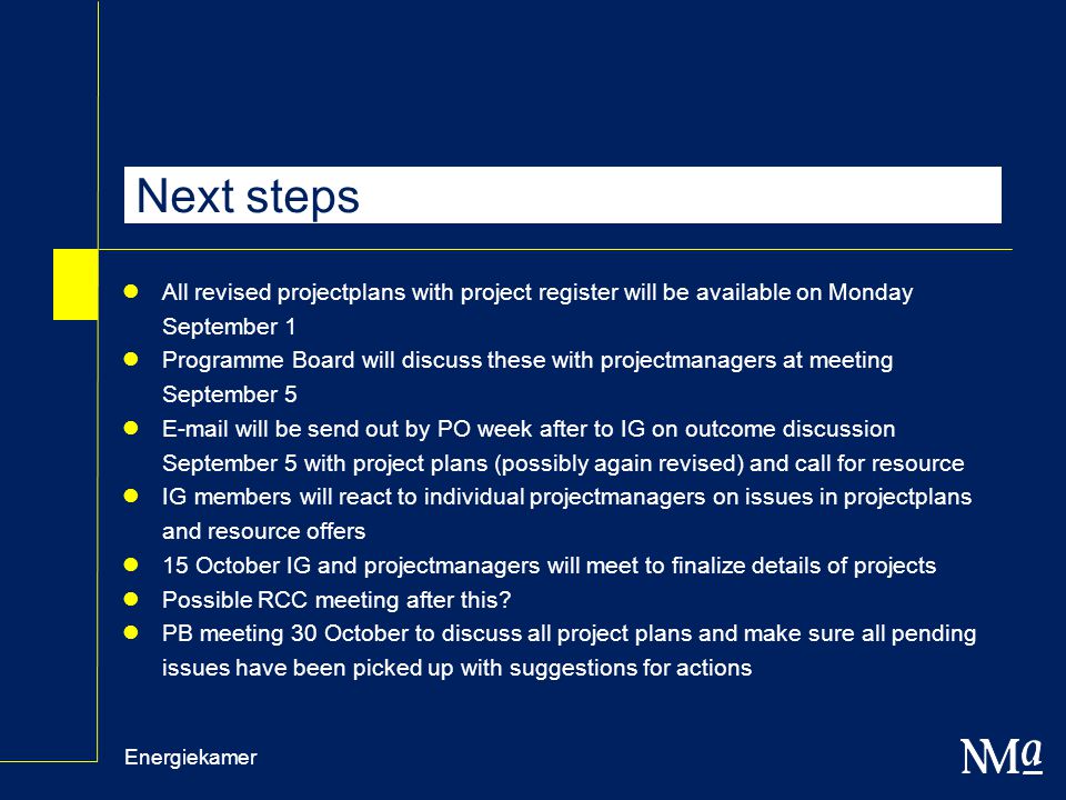Energiekamer Next steps All revised projectplans with project register will be available on Monday September 1 Programme Board will discuss these with projectmanagers at meeting September 5  will be send out by PO week after to IG on outcome discussion September 5 with project plans (possibly again revised) and call for resource IG members will react to individual projectmanagers on issues in projectplans and resource offers 15 October IG and projectmanagers will meet to finalize details of projects Possible RCC meeting after this.