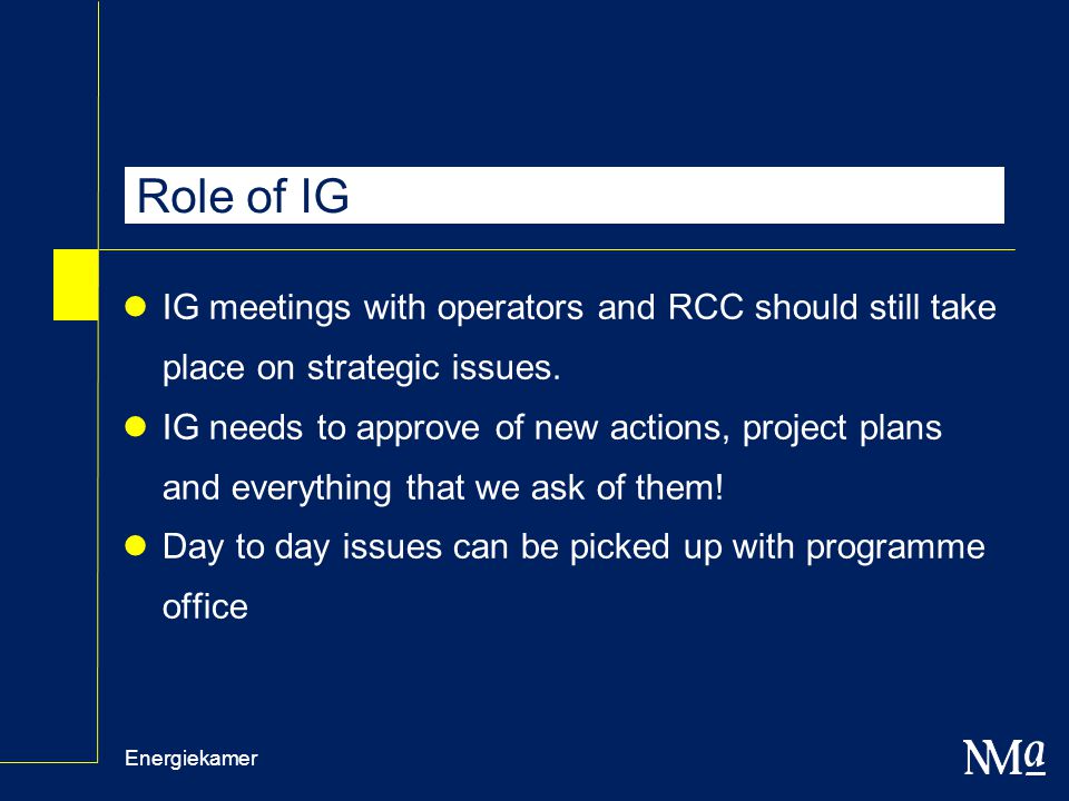 Energiekamer Role of IG IG meetings with operators and RCC should still take place on strategic issues.