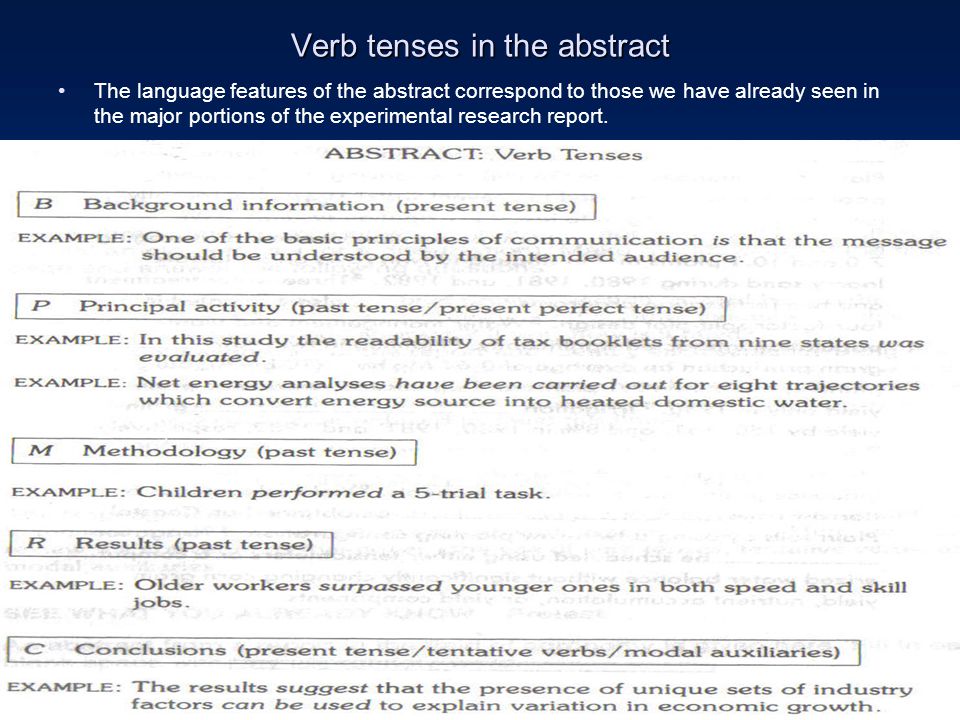Verb tenses in the abstract The language features of the abstract correspond to those we have already seen in the major portions of the experimental research report.