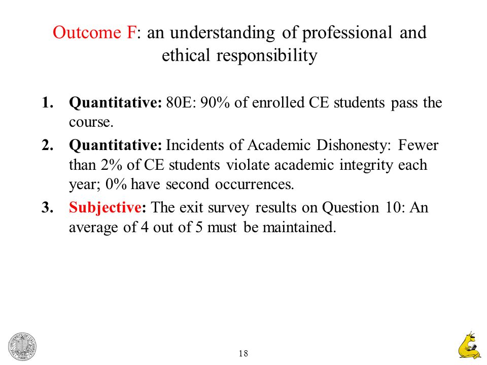 18 Outcome F: an understanding of professional and ethical responsibility 1.Quantitative: 80E: 90% of enrolled CE students pass the course.