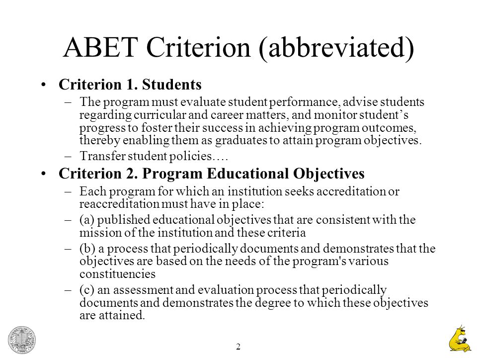 2 ABET Criterion (abbreviated) Criterion 1.