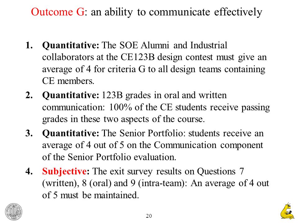 20 Outcome G: an ability to communicate effectively 1.Quantitative: The SOE Alumni and Industrial collaborators at the CE123B design contest must give an average of 4 for criteria G to all design teams containing CE members.