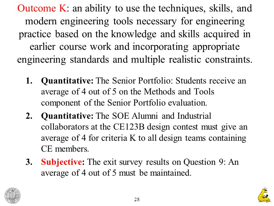 28 Outcome K: an ability to use the techniques, skills, and modern engineering tools necessary for engineering practice based on the knowledge and skills acquired in earlier course work and incorporating appropriate engineering standards and multiple realistic constraints.