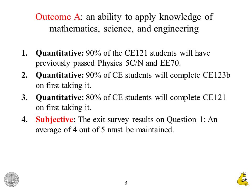 6 Outcome A: an ability to apply knowledge of mathematics, science, and engineering 1.Quantitative: 90% of the CE121 students will have previously passed Physics 5C/N and EE70.