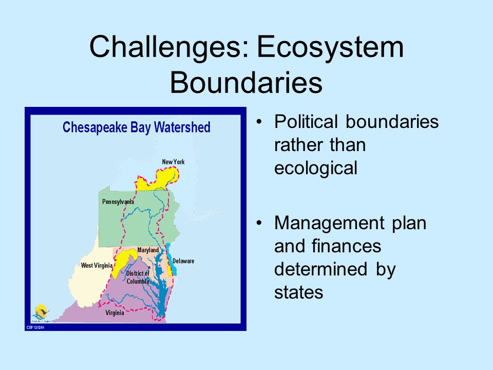 Challenges: Ecosystem Boundaries Political boundaries rather than ecological Management plan and finances determined by states