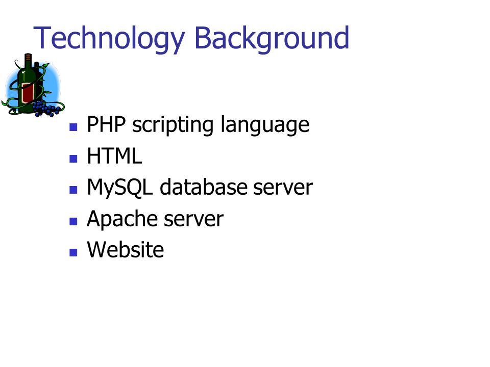 Technology Background PHP scripting language HTML MySQL database server Apache server Website