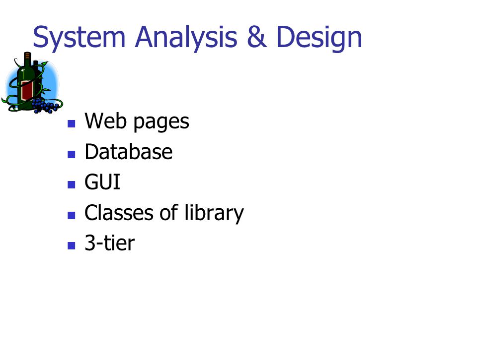 System Analysis & Design Web pages Database GUI Classes of library 3-tier