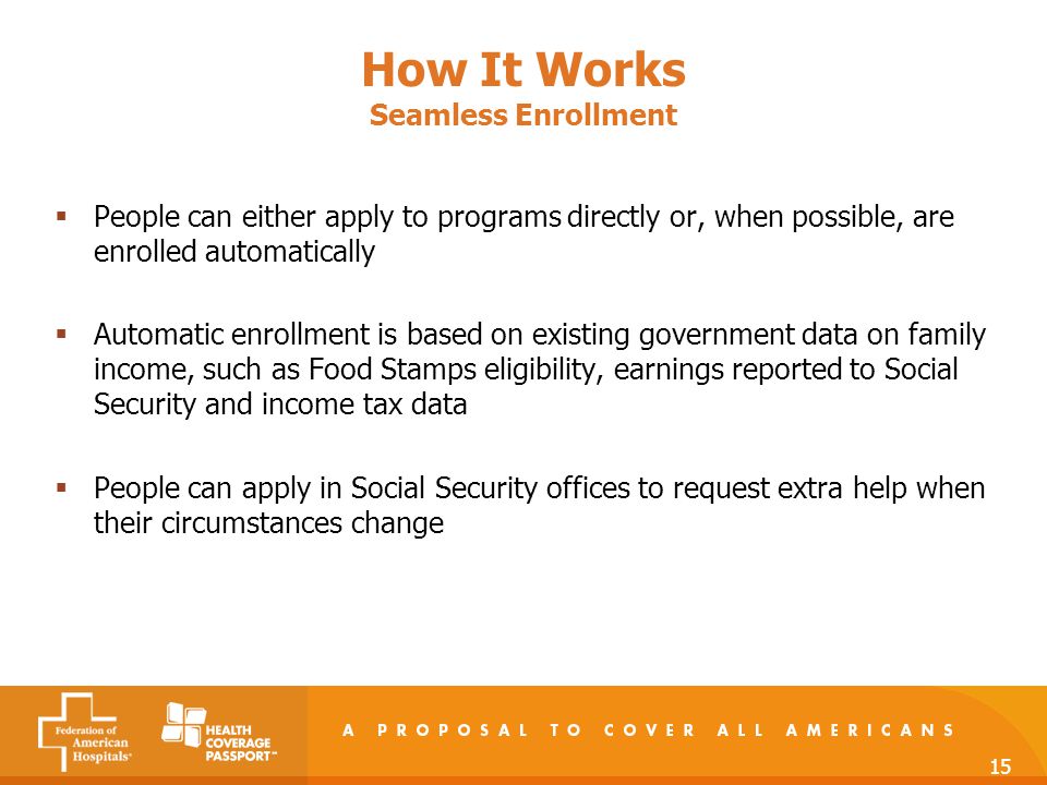 15 How It Works Seamless Enrollment  People can either apply to programs directly or, when possible, are enrolled automatically  Automatic enrollment is based on existing government data on family income, such as Food Stamps eligibility, earnings reported to Social Security and income tax data  People can apply in Social Security offices to request extra help when their circumstances change