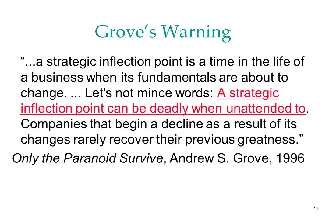 11 Grove’s Warning ...a strategic inflection point is a time in the life of a business when its fundamentals are about to change....