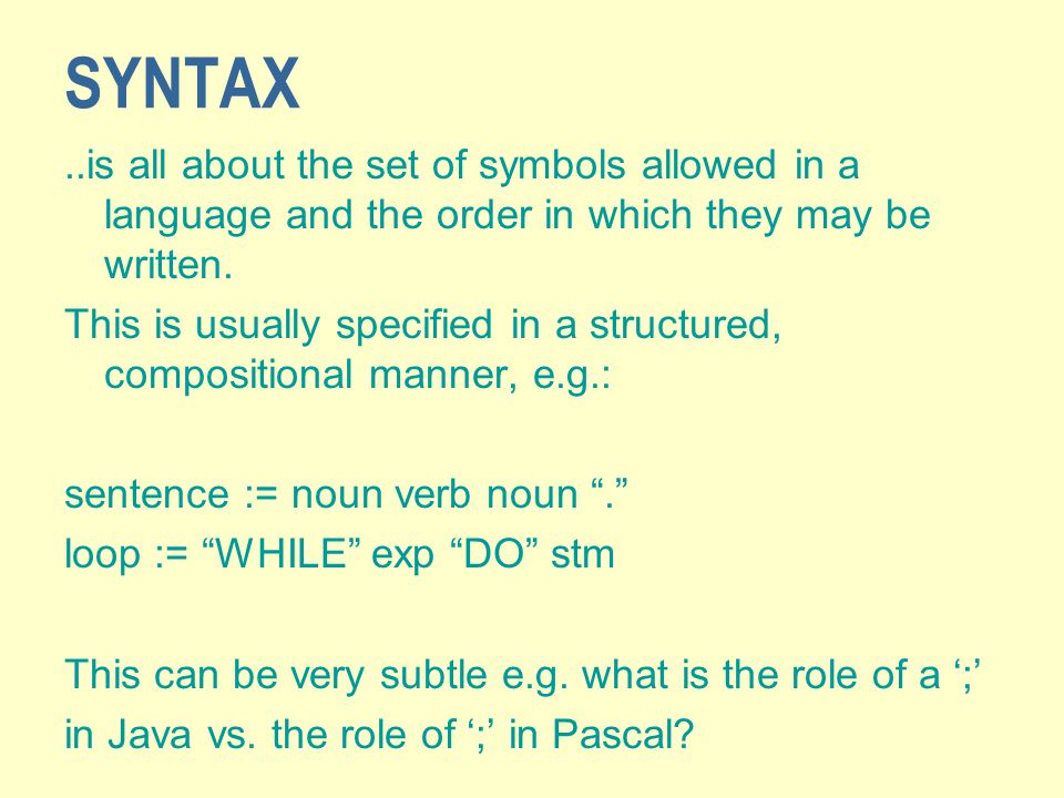 SYNTAX..is all about the set of symbols allowed in a language and the order in which they may be written.