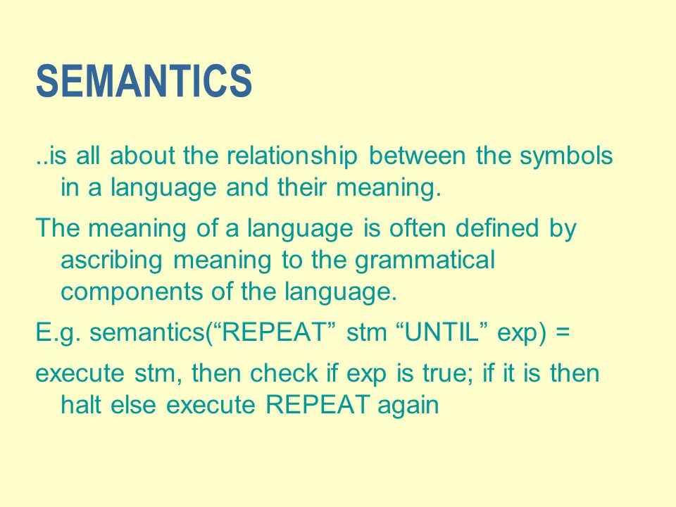 SEMANTICS..is all about the relationship between the symbols in a language and their meaning.