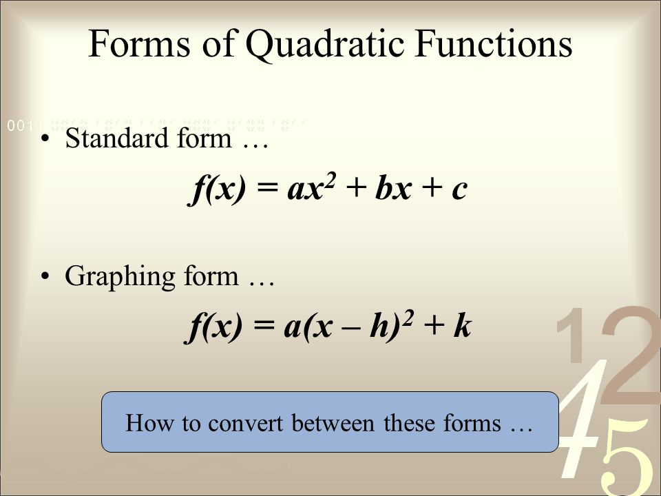 Forms of Quadratic Functions Standard form … f(x) = ax 2 + bx + c Graphing form … f(x) = a(x – h) 2 + k How to convert between these forms …