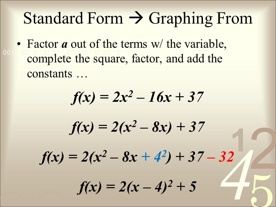Standard Form  Graphing From Factor a out of the terms w/ the variable, complete the square, factor, and add the constants … f(x) = 2x 2 – 16x + 37 f(x) = 2(x 2 – 8x) + 37 f(x) = 2(x 2 – 8x ) + 37 – 32 f(x) = 2(x – 4) 2 + 5