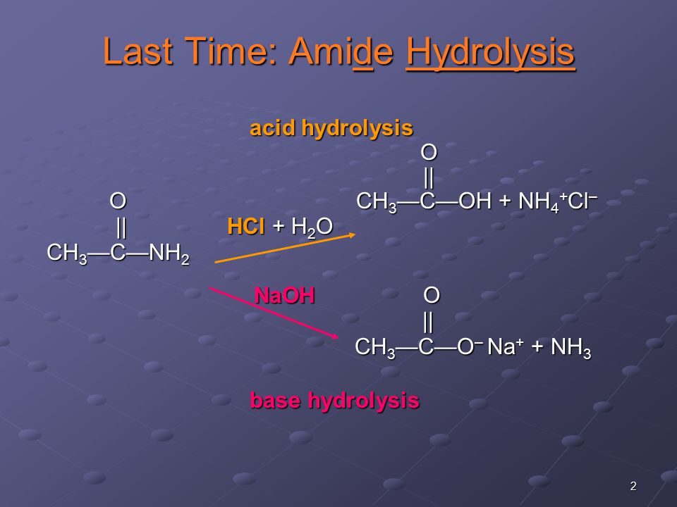 2 acid hydrolysis acid hydrolysis O || || O CH 3 —C—OH + NH 4 + Cl – O CH 3 —C—OH + NH 4 + Cl – || HCl + H 2 O || HCl + H 2 O CH 3 —C—NH 2 NaOH O NaOH O || || CH 3 —C—O – Na + + NH 3 CH 3 —C—O – Na + + NH 3 base hydrolysis Last Time: Amide Hydrolysis