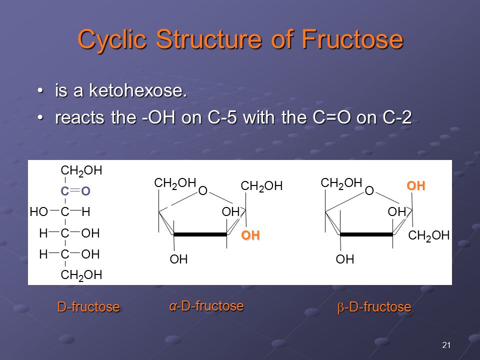 21 D-fructose  -D-fructose α-D-fructose Cyclic Structure of Fructose is a ketohexose.is a ketohexose.