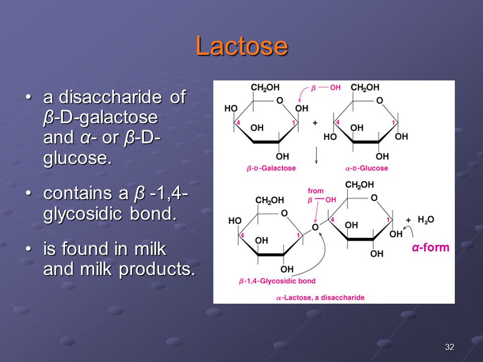 32 Lactose a disaccharide of β-D-galactose and α- or β-D- glucose.a disaccharide of β-D-galactose and α- or β-D- glucose.