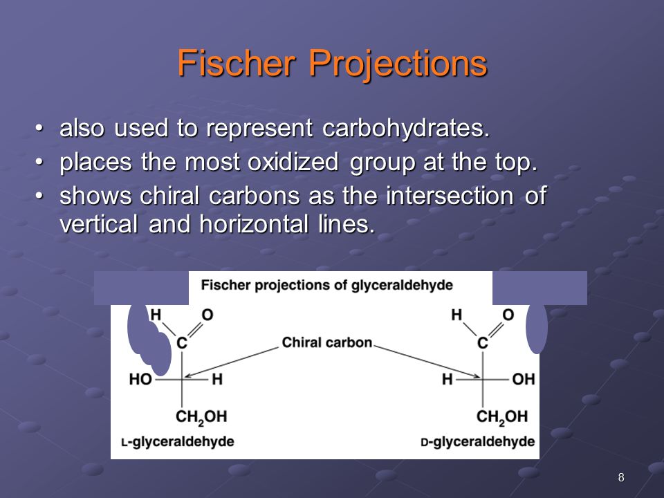 8 Fischer Projections also used to represent carbohydrates.also used to represent carbohydrates.