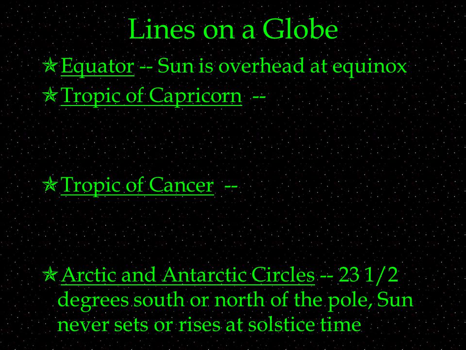 Lines on a Globe  Equator -- Sun is overhead at equinox  Tropic of Capricorn --  Tropic of Cancer --  Arctic and Antarctic Circles /2 degrees south or north of the pole, Sun never sets or rises at solstice time