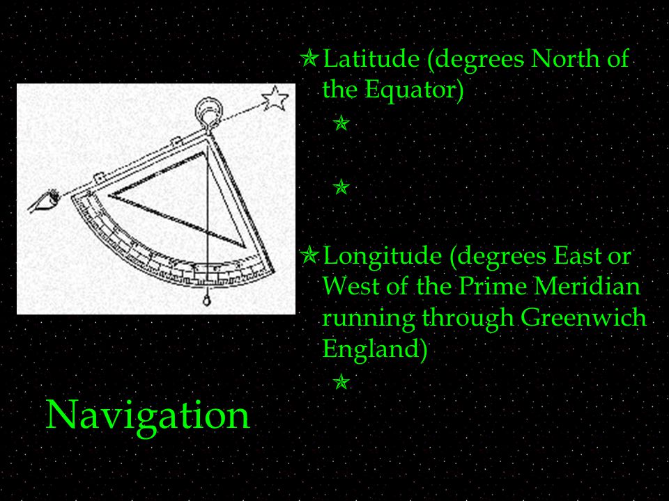 Navigation  Latitude (degrees North of the Equator)    Longitude (degrees East or West of the Prime Meridian running through Greenwich England) 