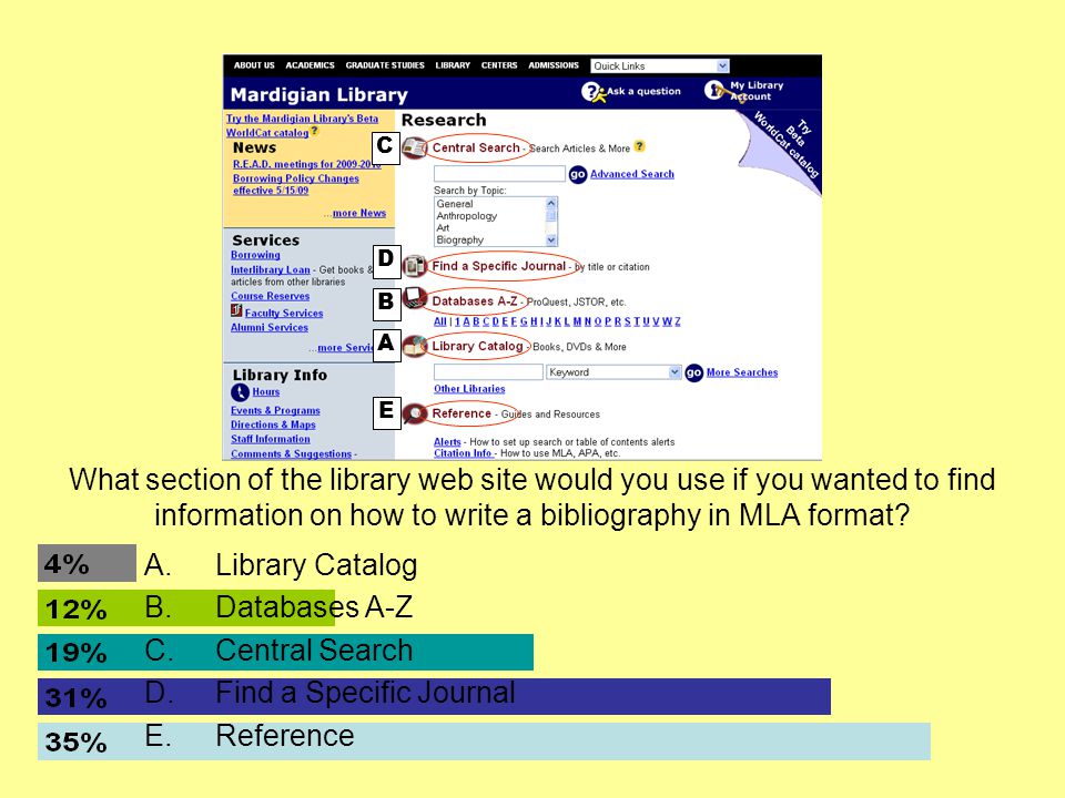 What section of the library web site would you use if you wanted to find information on how to write a bibliography in MLA format.