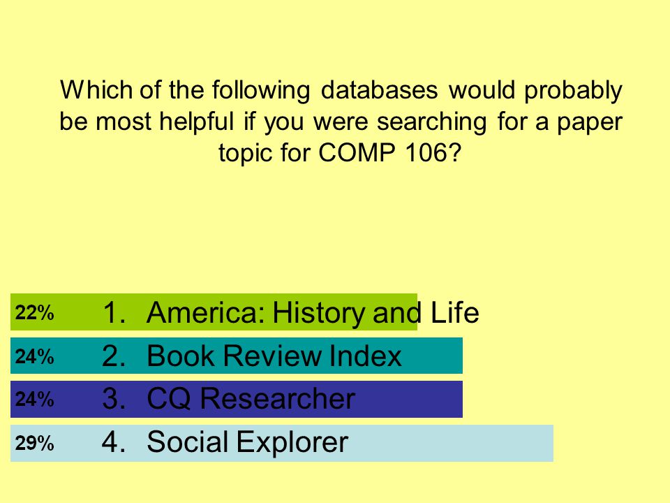 1.America: History and Life 2.Book Review Index 3.CQ Researcher 4.Social Explorer Which of the following databases would probably be most helpful if you were searching for a paper topic for COMP 106