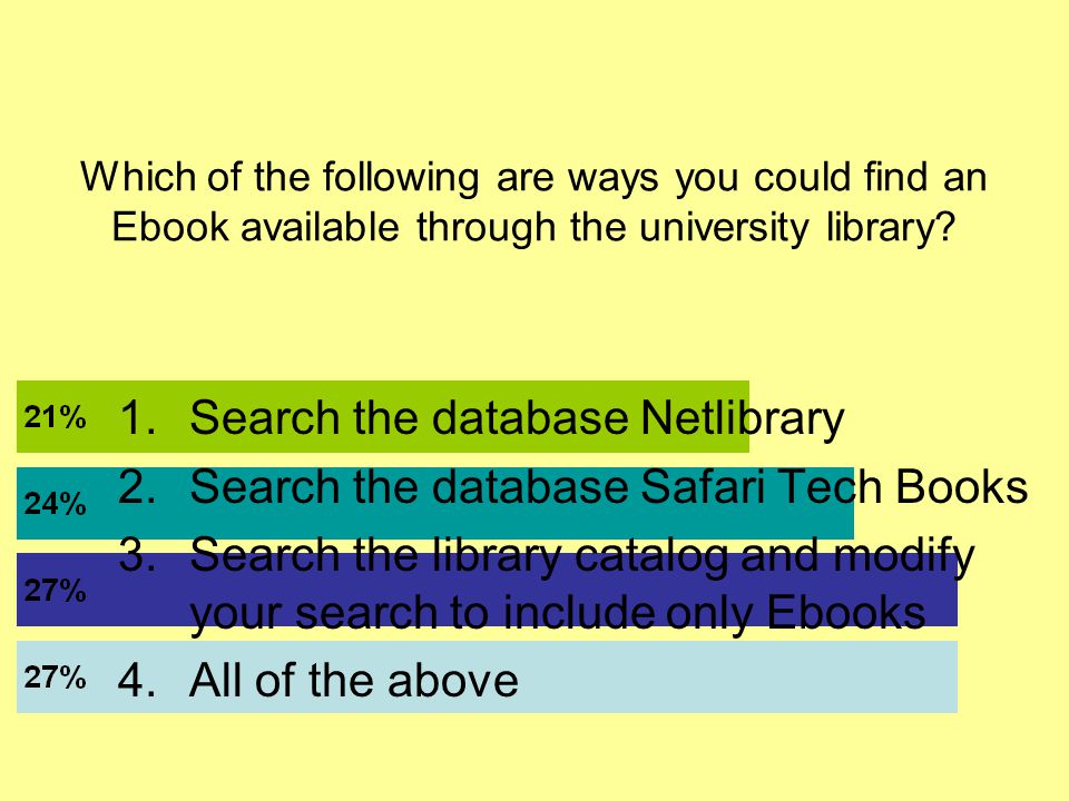 Which of the following are ways you could find an Ebook available through the university library.
